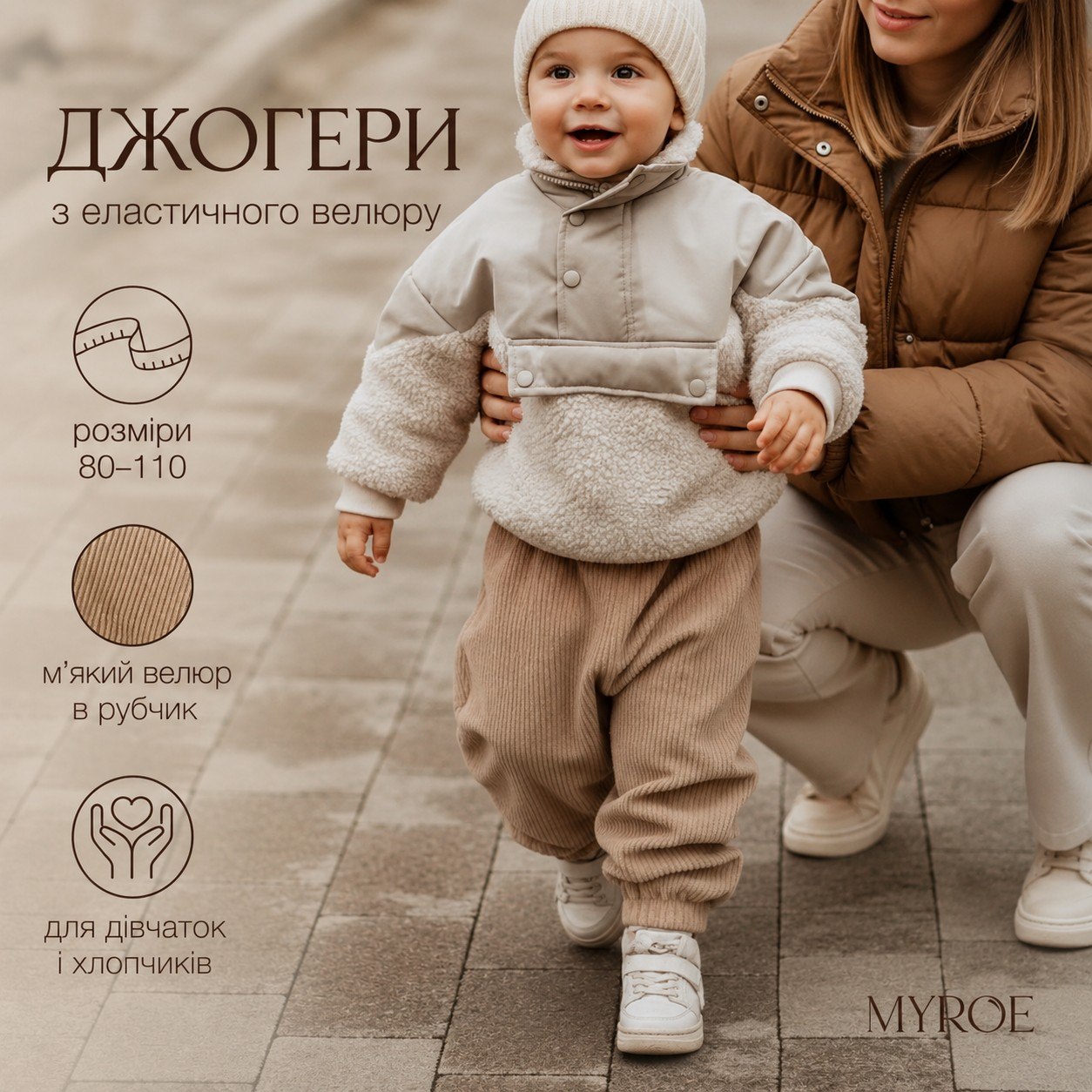 Дитячі вельветові джогери MYROE молочного кольору, дитина йде вулицею