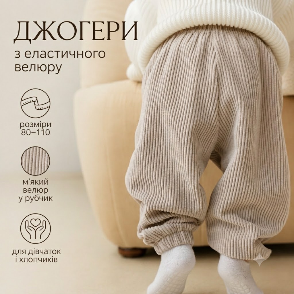 Дитячі вельветові джогери молочного кольору