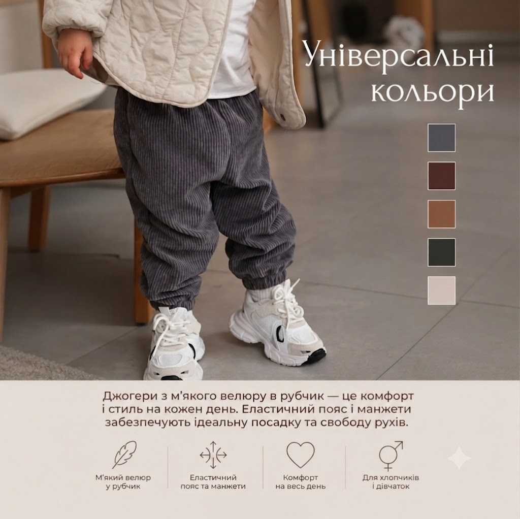 Джогери в різних кольорах: графітовий, шоколадний, карамельний, темний та молочний
